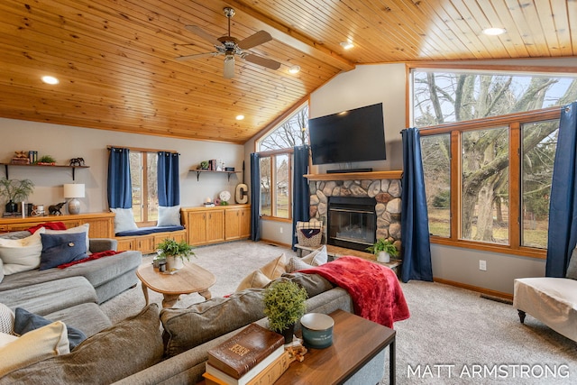 living area featuring light carpet, visible vents, baseboards, wood ceiling, and a fireplace