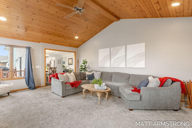 living room featuring carpet floors, recessed lighting, lofted ceiling with beams, wood ceiling, and baseboards