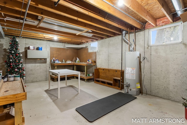 basement with gas water heater and a healthy amount of sunlight