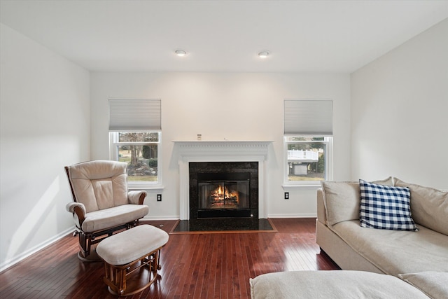 living area featuring baseboards, a fireplace with flush hearth, a healthy amount of sunlight, and hardwood / wood-style floors