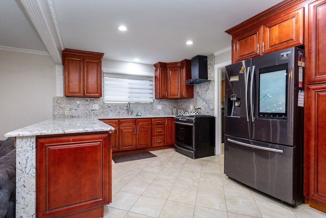 kitchen with stainless steel gas range oven, a peninsula, wall chimney range hood, refrigerator with ice dispenser, and a sink