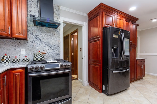 kitchen featuring stainless steel gas stove, black fridge with ice dispenser, wall chimney exhaust hood, crown molding, and backsplash