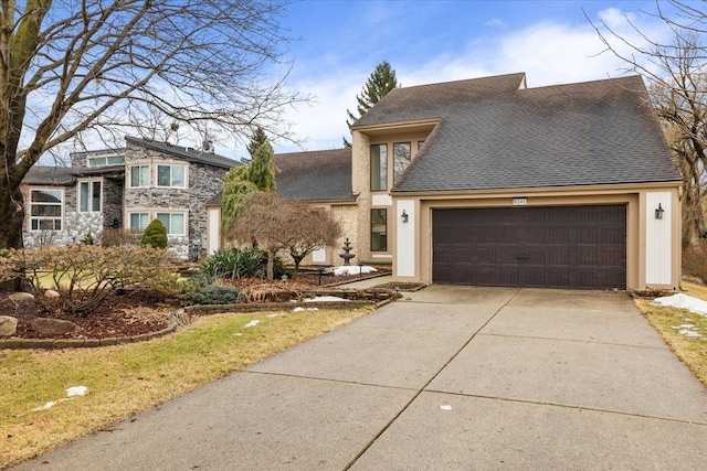 view of front of home featuring stone siding, an attached garage, concrete driveway, and roof with shingles