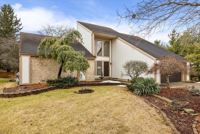 view of front of home featuring brick siding, an attached garage, a shingled roof, and driveway