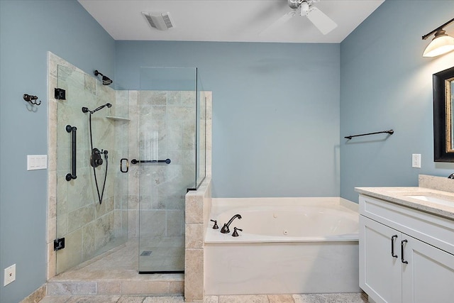 full bath with a shower stall, a bath, a ceiling fan, and visible vents