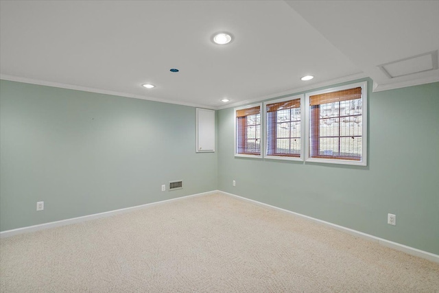 unfurnished room featuring carpet flooring, recessed lighting, and baseboards