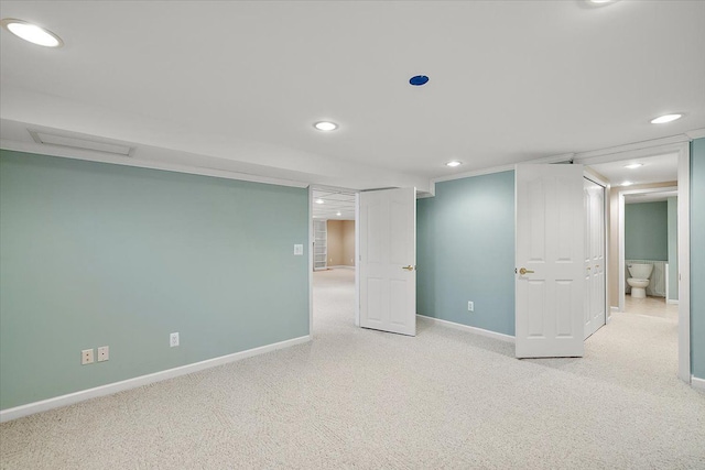 finished basement with recessed lighting, baseboards, and carpet