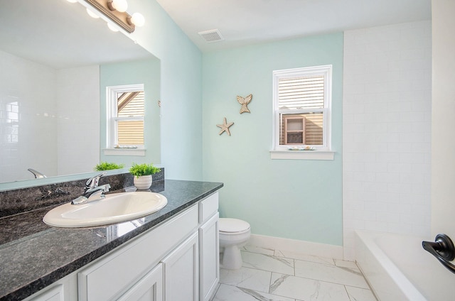 bathroom featuring marble finish floor, visible vents, toilet, vanity, and baseboards