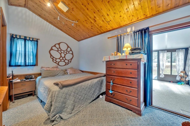 bedroom with high vaulted ceiling, carpet flooring, and wood ceiling