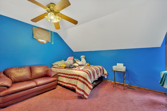 carpeted bedroom featuring lofted ceiling, ceiling fan, and baseboards