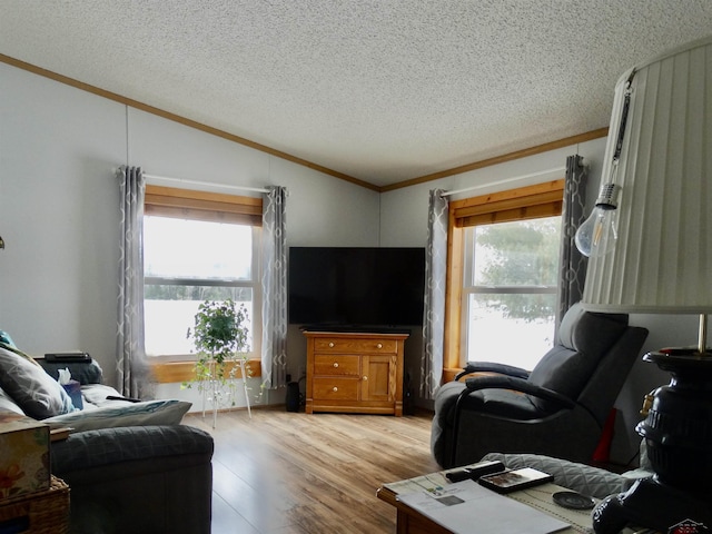 living area with ornamental molding, lofted ceiling, a healthy amount of sunlight, and light wood finished floors