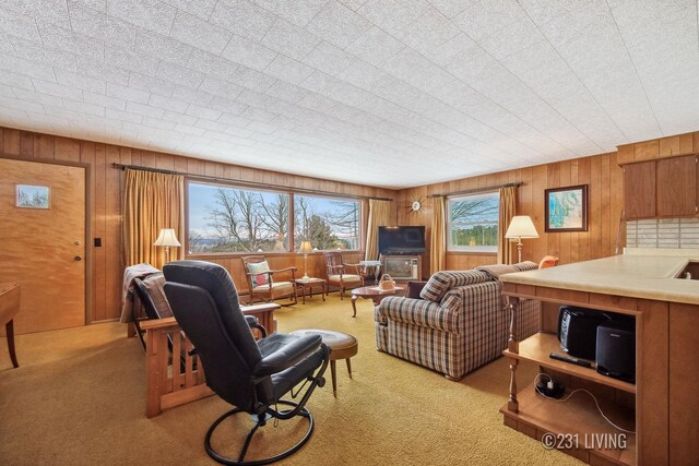 living room with wooden walls and light colored carpet