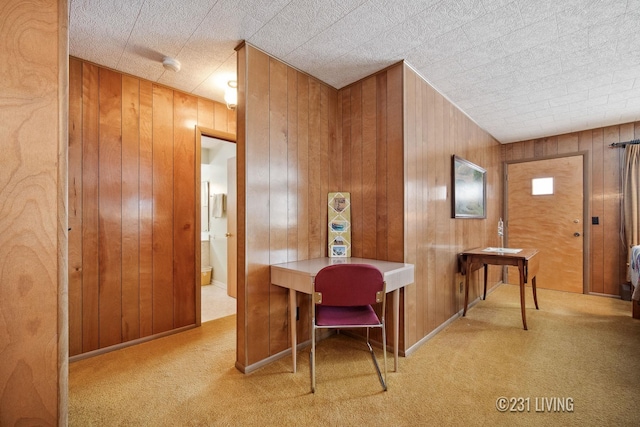 office area featuring carpet, wooden walls, and baseboards