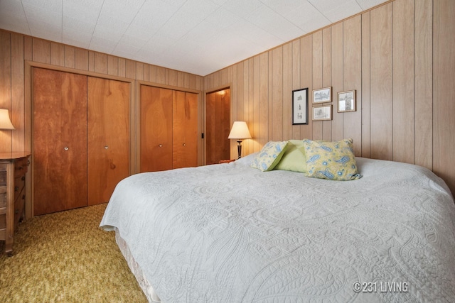 bedroom with wood walls, multiple closets, and carpet flooring