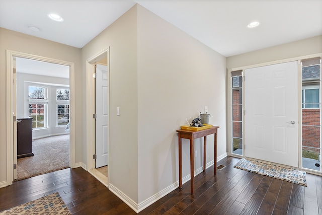 entryway featuring recessed lighting, baseboards, and hardwood / wood-style flooring