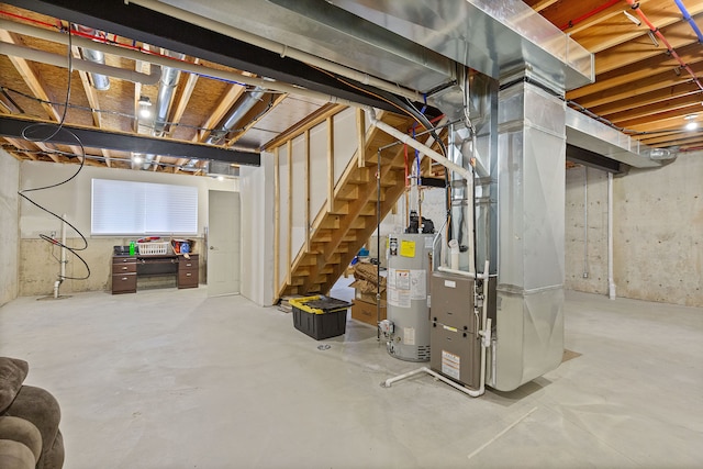 unfinished below grade area featuring gas water heater, stairway, and heating unit