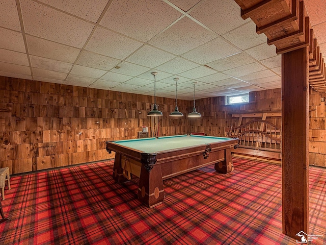 playroom featuring wood walls, billiards, and a drop ceiling