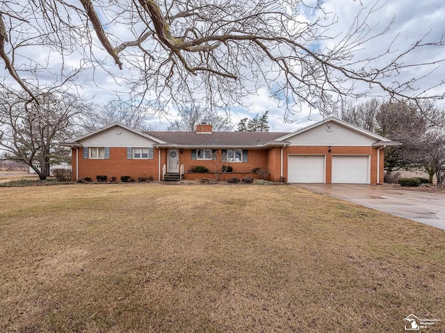 ranch-style home featuring brick siding, a chimney, concrete driveway, a garage, and a front lawn