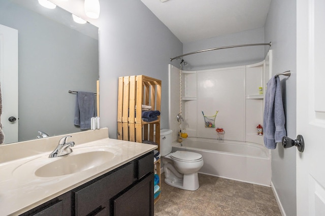 bathroom featuring  shower combination, baseboards, vanity, and toilet