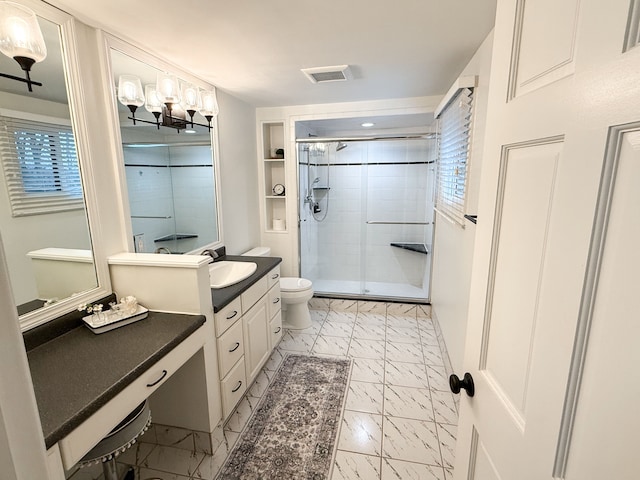 full bath featuring visible vents, marble finish floor, toilet, and a shower stall