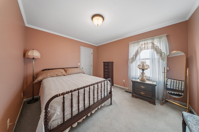 bedroom with light carpet, baseboards, and ornamental molding