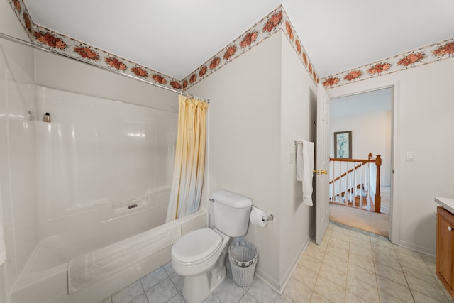 full bath featuring toilet, shower / tub combo, vanity, baseboards, and tile patterned floors