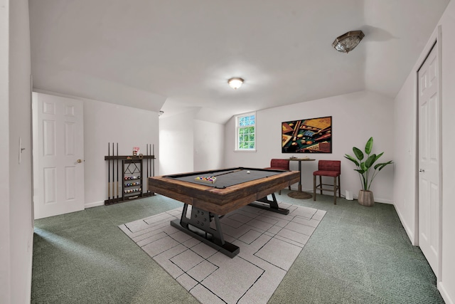 rec room with carpet, baseboards, vaulted ceiling, and pool table