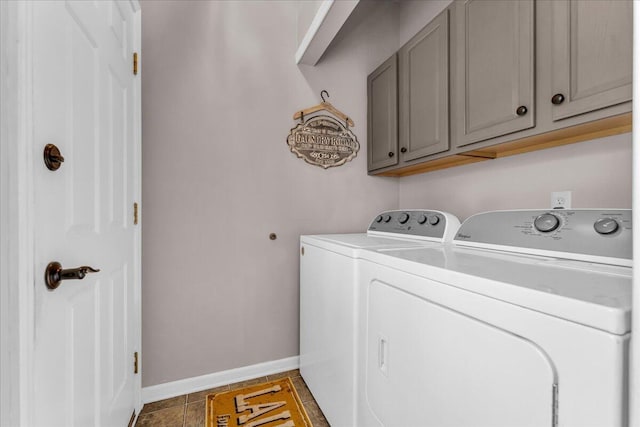 laundry area with washing machine and dryer, cabinet space, and baseboards