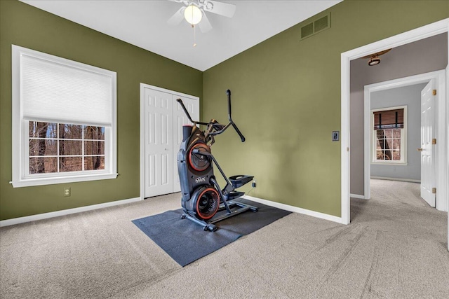 exercise area with a healthy amount of sunlight, baseboards, visible vents, and carpet flooring