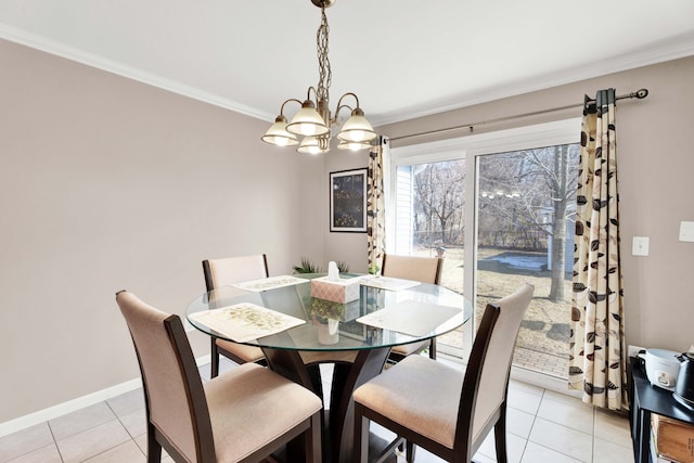 dining space featuring light tile patterned floors, baseboards, ornamental molding, and a notable chandelier