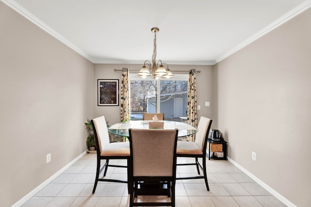 dining space with a chandelier, crown molding, baseboards, and light tile patterned floors