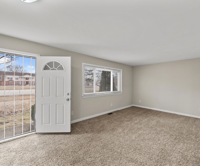 carpeted entrance foyer featuring plenty of natural light and baseboards