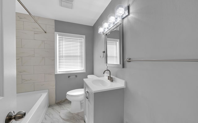 full bath with visible vents, shower / washtub combination, toilet, marble finish floor, and vanity