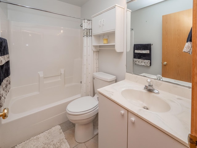 bathroom with tile patterned floors, vanity, toilet, and shower / bath combo with shower curtain