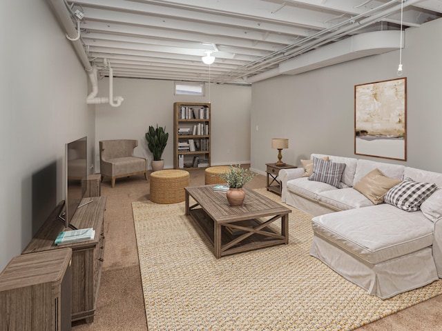 living area featuring carpet flooring