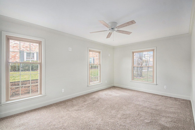 carpeted empty room with a healthy amount of sunlight, crown molding, and baseboards