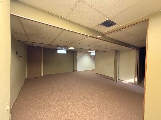 basement featuring carpet floors, a drop ceiling, and visible vents