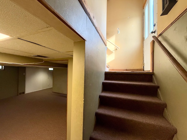 staircase with carpet and a drop ceiling