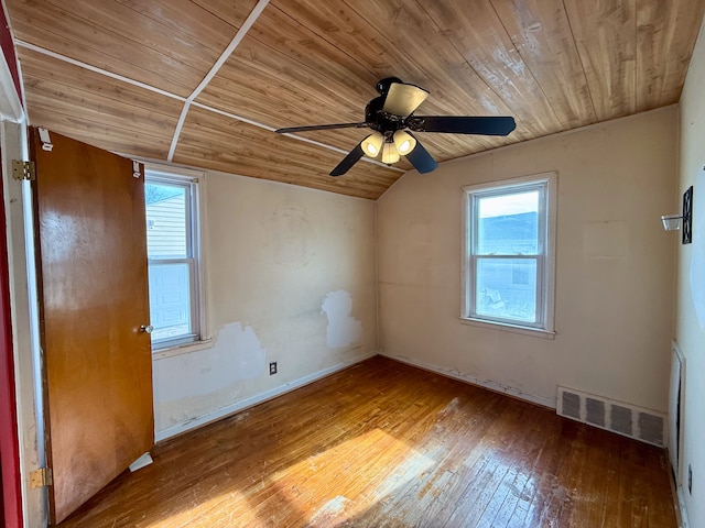 empty room with visible vents, wood ceiling, ceiling fan, wood-type flooring, and vaulted ceiling