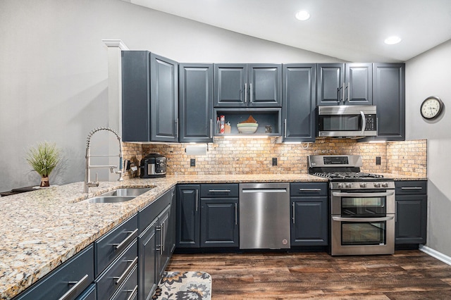 kitchen with stainless steel appliances, lofted ceiling, dark wood-type flooring, a sink, and light stone countertops