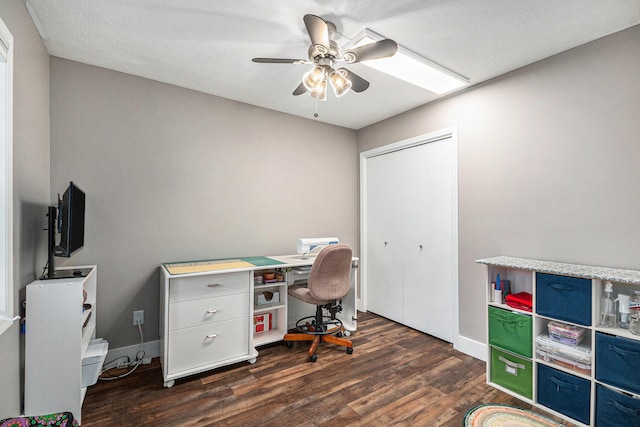 office with ceiling fan, wood finished floors, and baseboards