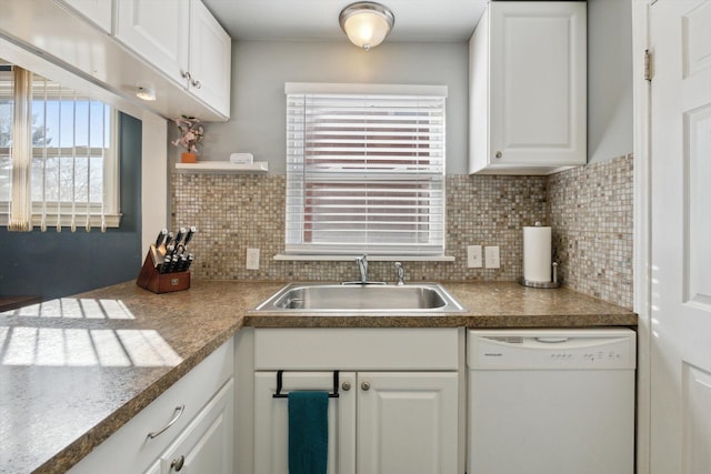 kitchen with open shelves, white dishwasher, a sink, decorative backsplash, and white cabinets