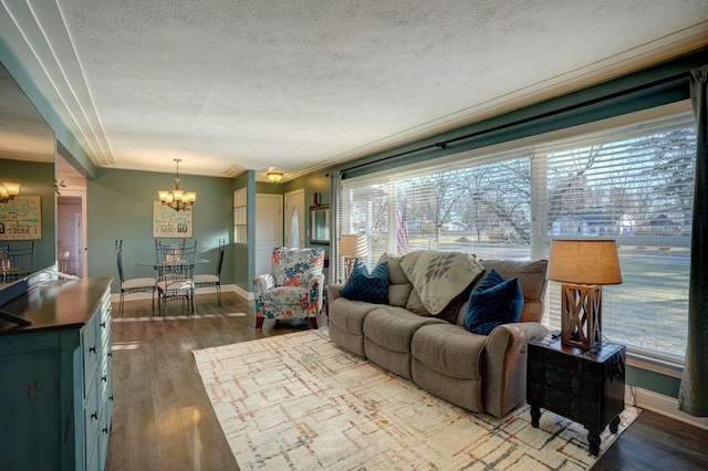 living area with crown molding, baseboards, a chandelier, wood finished floors, and a textured ceiling