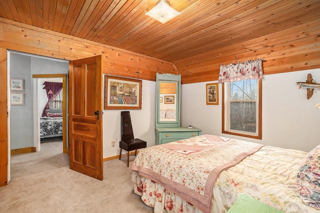 bedroom featuring lofted ceiling, light carpet, wooden ceiling, and baseboards