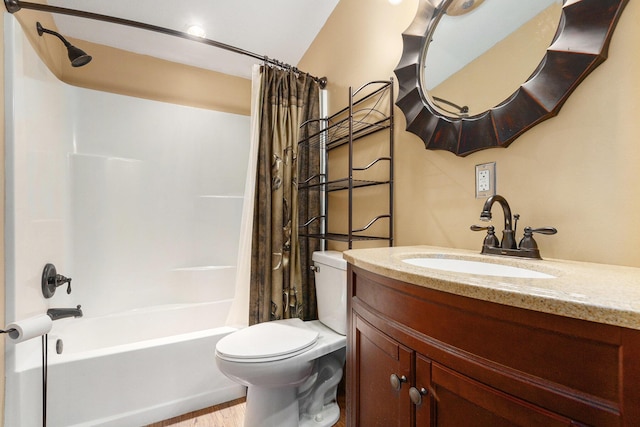 full bathroom featuring shower / tub combo, vanity, toilet, and wood finished floors