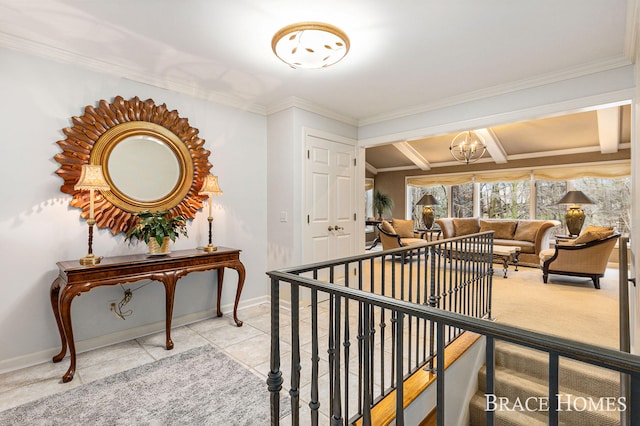 corridor featuring a notable chandelier, ornamental molding, an upstairs landing, beamed ceiling, and baseboards