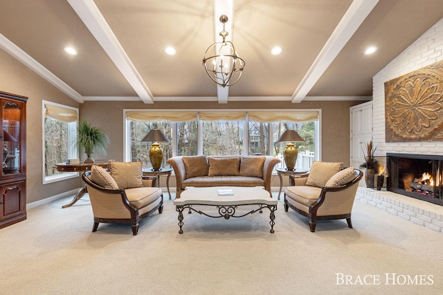 carpeted living area featuring a fireplace, vaulted ceiling with beams, recessed lighting, a chandelier, and baseboards