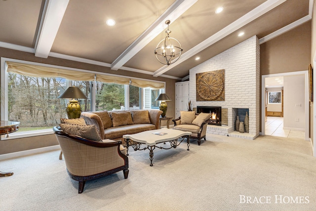 living area featuring baseboards, beamed ceiling, an inviting chandelier, carpet, and a fireplace