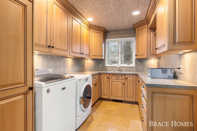 laundry area featuring a toaster, light tile patterned floors, recessed lighting, cabinet space, and separate washer and dryer