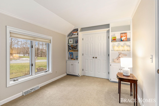 bedroom with light colored carpet, visible vents, baseboards, vaulted ceiling, and a closet